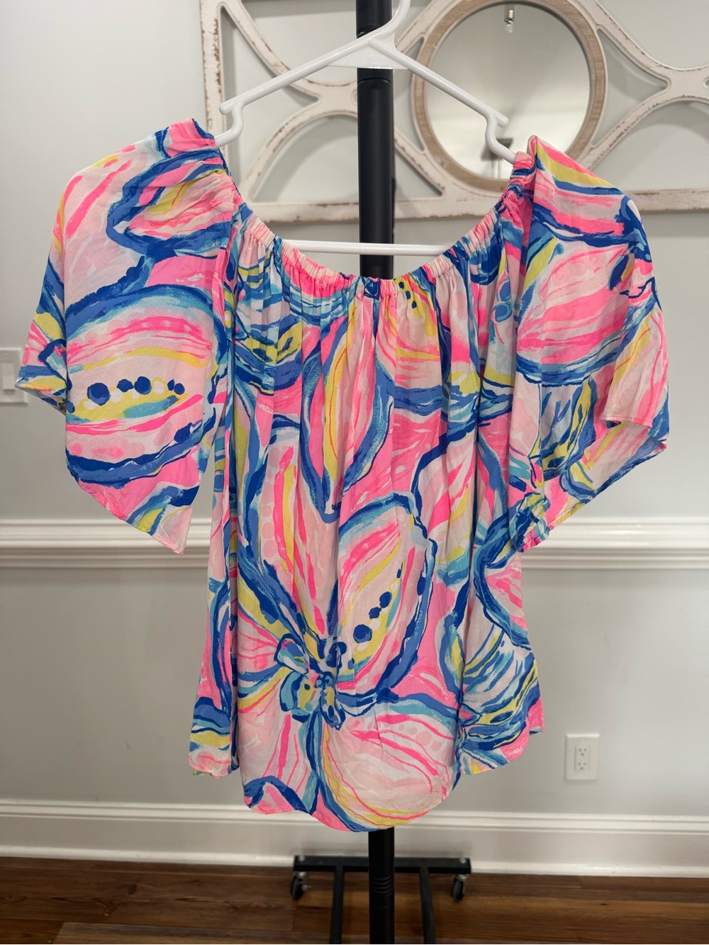 Lilly Pulitzer Off Shoulder Tropical Print Blouse Pink Blue Boho Resort Summer